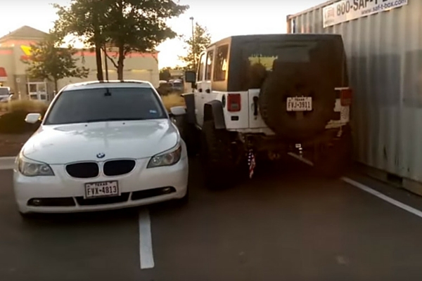 Jeep and double-parked BMW